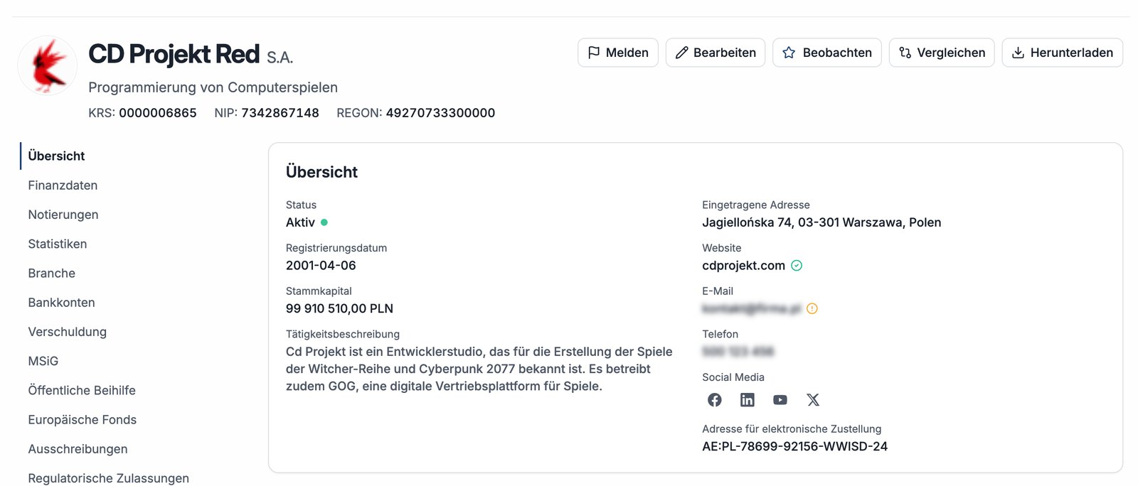 Compabase Unternehmensprofil – Übersicht zu CD Projekt Red S.A.